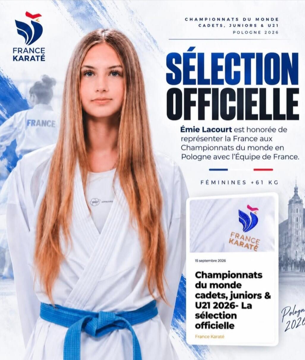 Emie LACOURT officiellement sélectionné pour les championnats du monde U16,U18,U21 a BIELSKO BIALA au mois d'octobre en POLOGNE.